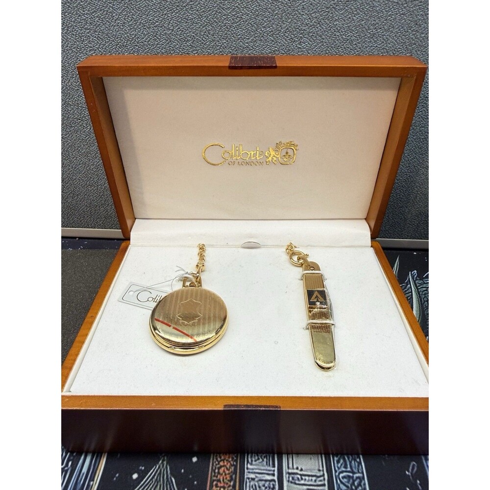 Vintage Colibri Pocket Watch W/Knife Set Gold Tone New Old Stock